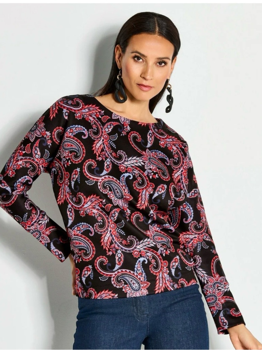 Talbots Black Paisley-Print Long Sleeve Top